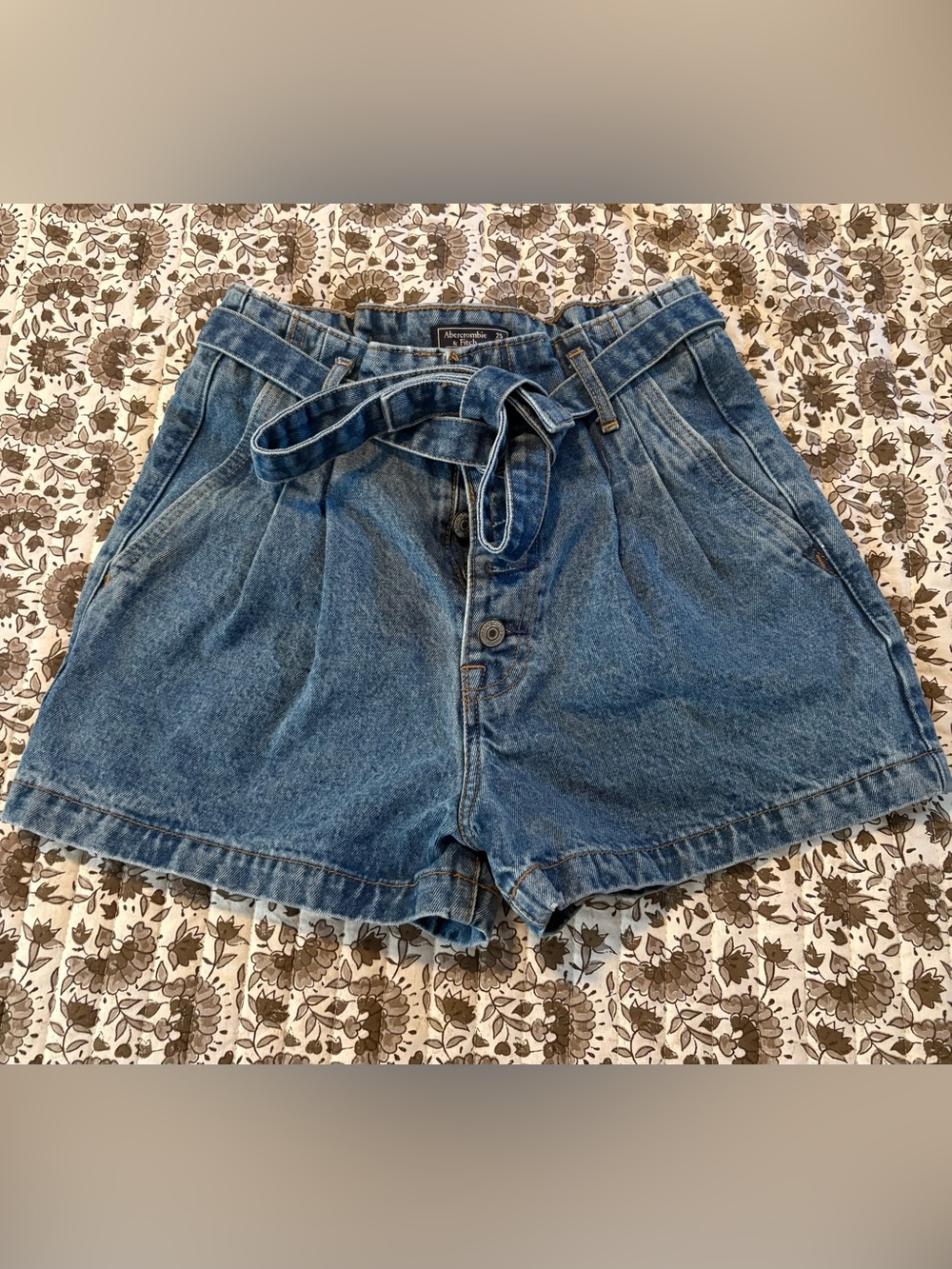 Abercrombie & Fitch Medium Blue Denim Paperbag Tie-Waist Shorts